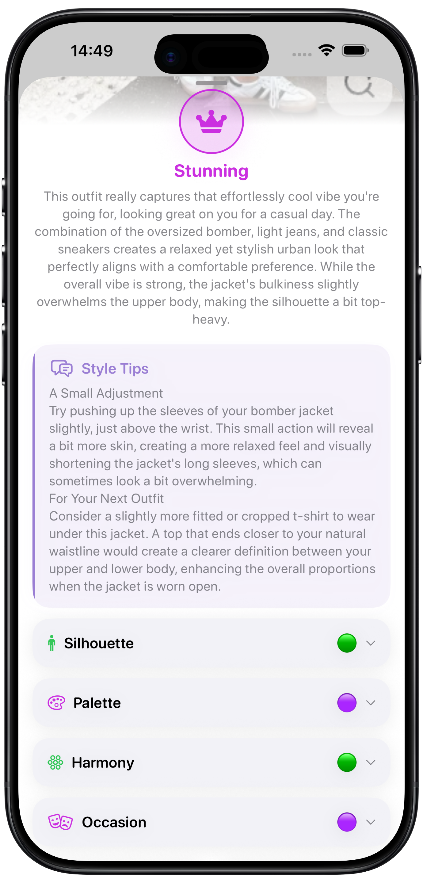 An outfit analysis rated Stunning, showing style tips and ratings for Silhouette, Palette, Harmony and Occasion